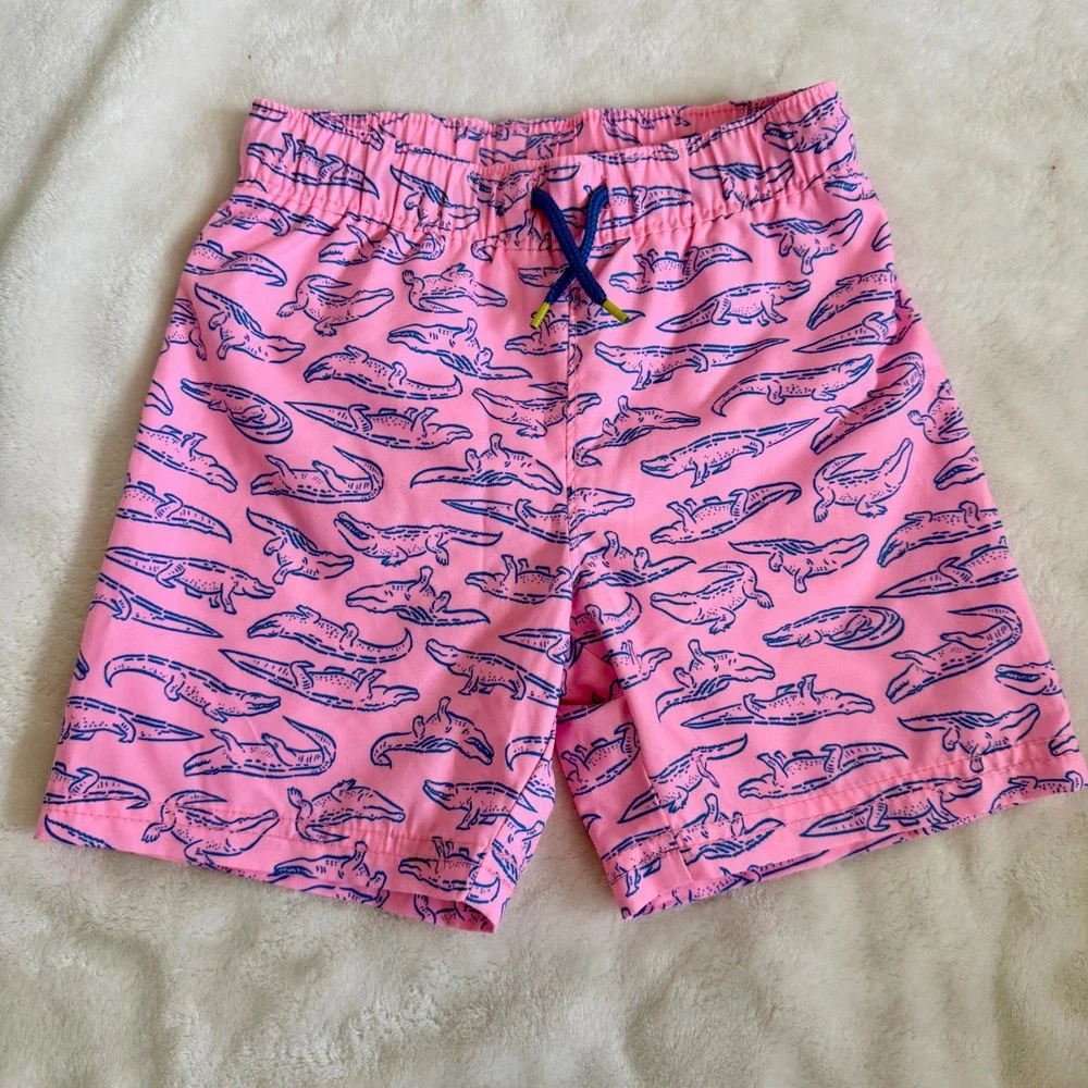 Old Navy Sz 4T Pink Alligator Print Swim Trunks Boys Toddler Drawstring Waist